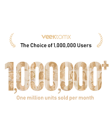 Veektomx product achievement graphic showing 1,000,000+ units sold per month, with decorative wheat stalks and '1,000,000' in large textured numbers.
