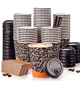 Biotakeware 100 Pack Disposable Coffee Cups with Lids, Sleeves and Straws - 12oz Insulated Paper ...