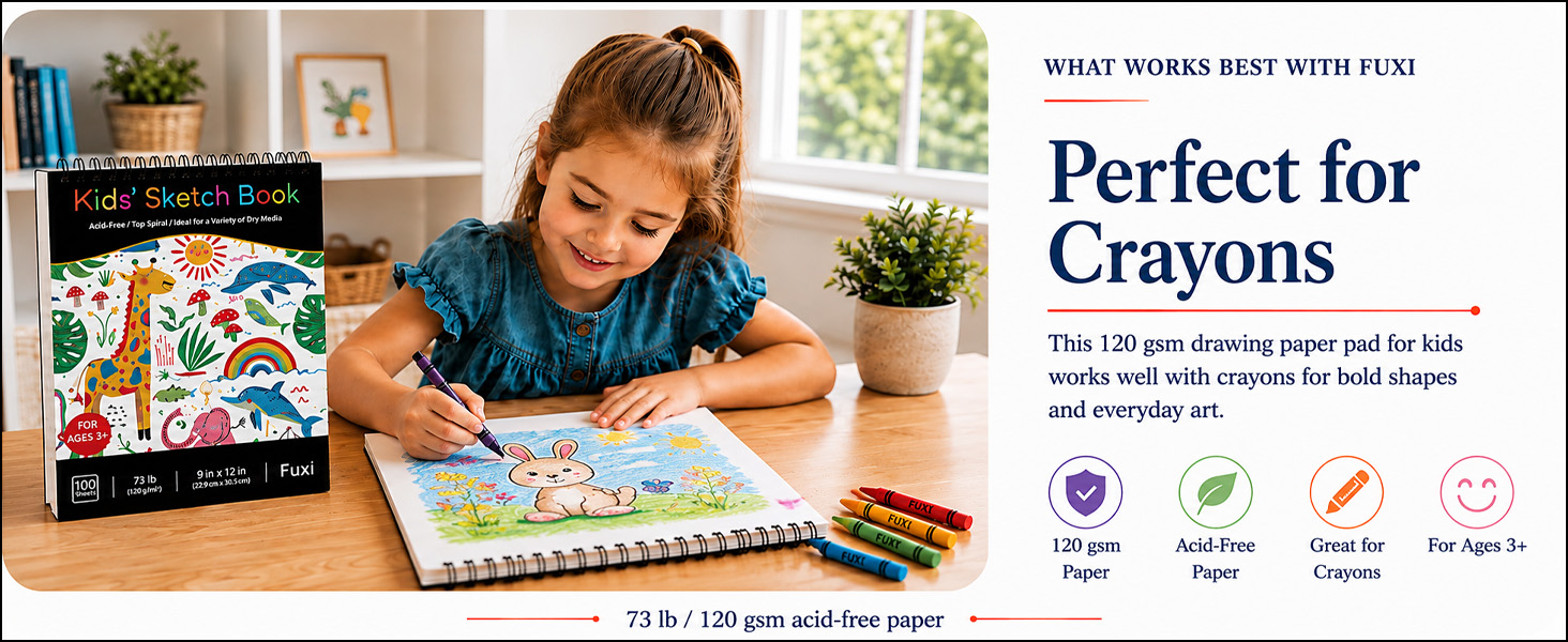 drawing paper pad for kids works with crayons for bold coloring, simple shapes and daily art