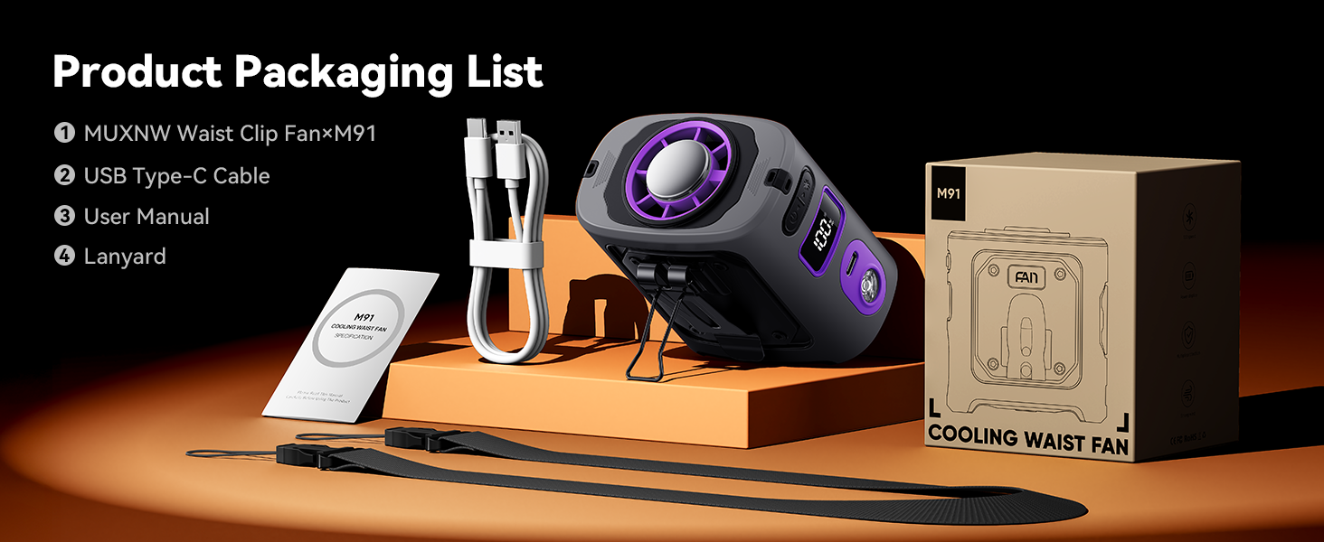 Product Packaging List: Waist Clip Fan, USB Type-C Cable, User Manual, Lanyard