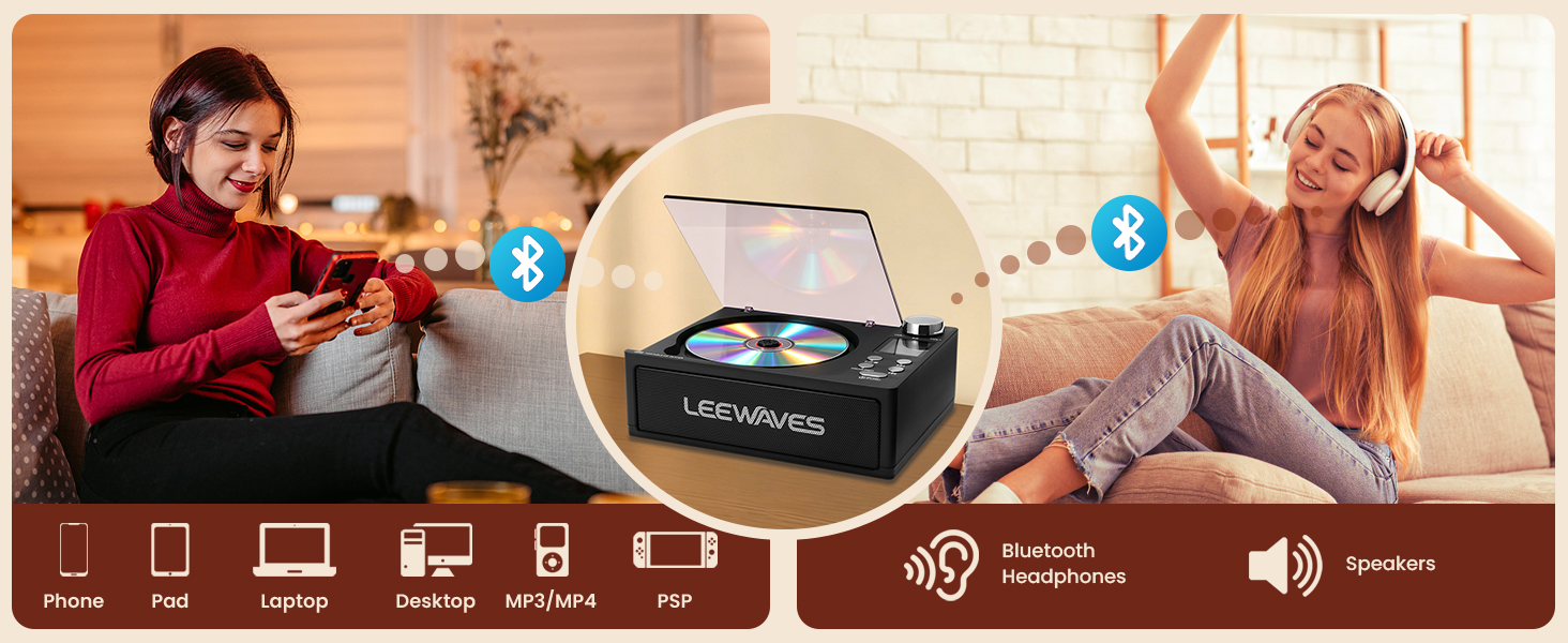 Stream phone music to the speakers, or send CD audio to wireless headphones