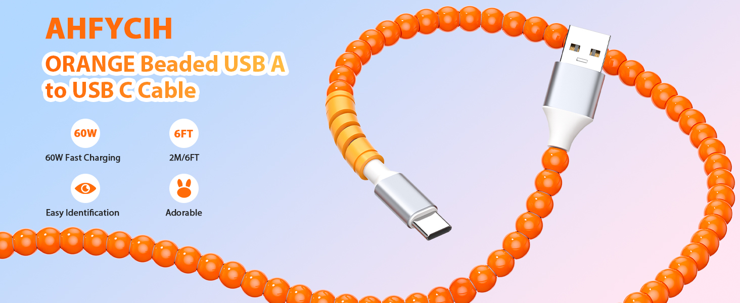 60W Beaded USB A to USB C Carplay Cable 6FT Long for iPhone 17 Pro Max 16 15