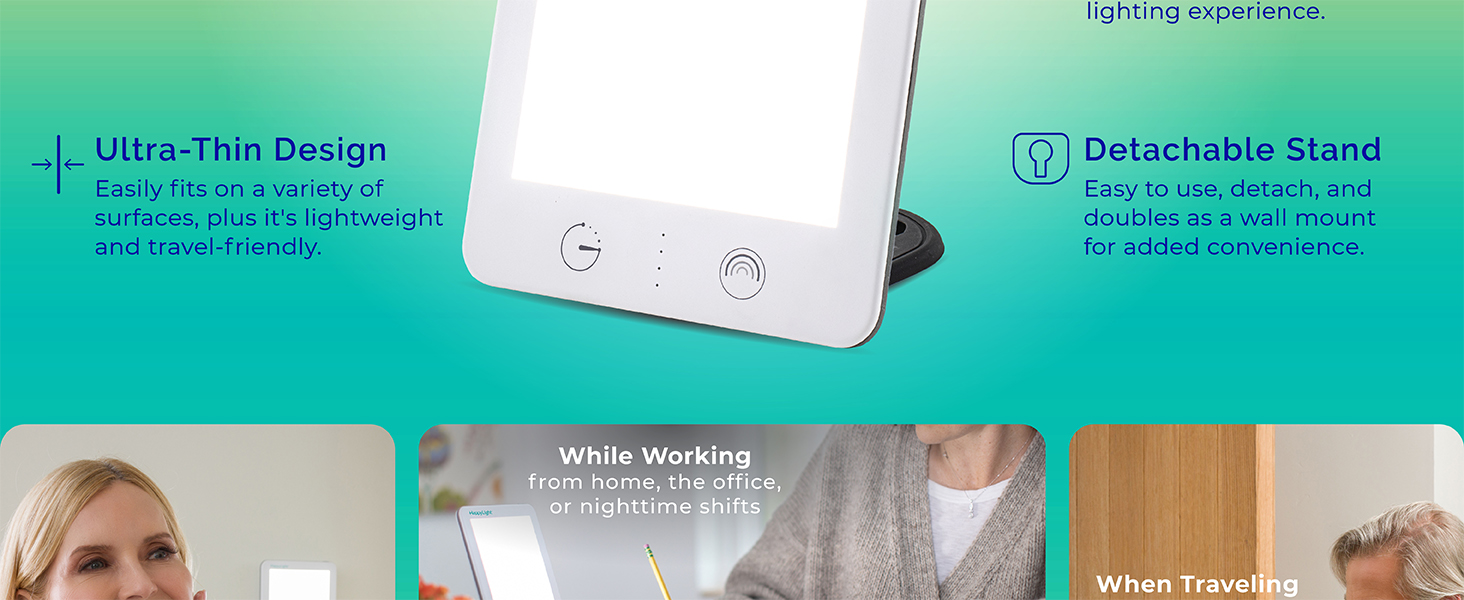 uv-free, light therapy lamp, full spectrum, brightness settings, countdown timer, slim, thin, bright