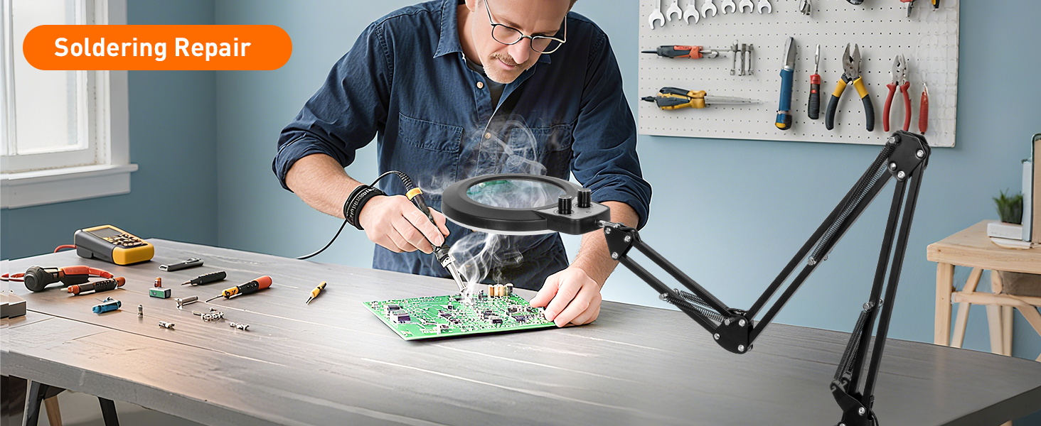 Soldering repair of circuit boards magnifying glass with light and stand magnifier with light
