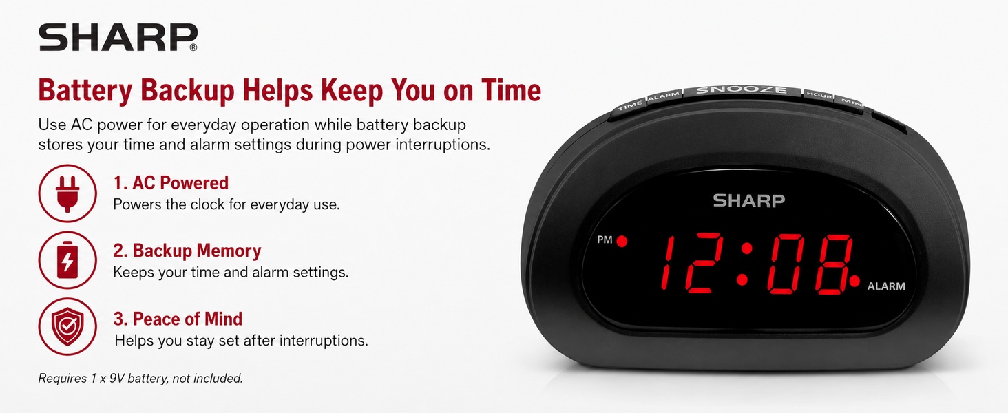 Digital alarm clock with large display, snooze and adjustable brightness for bedroom nightstand
