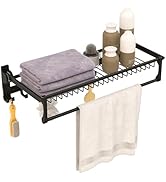 Tangkula Foldable Bathroom Shelf, Wall Mounted Bathroom Shelf Rack w/Adjustable Bar &amp; Movable Hoo...