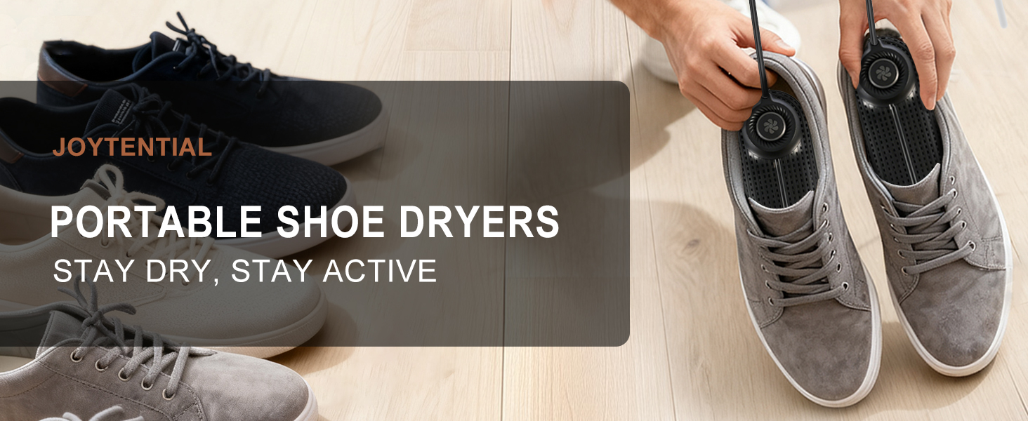 Text reads 'PORTABLE SHOE DRYERS' and 'STAY DRY. STAY ACTIVE'. Product photo shows black and gray athletic shoes with shoe dryers inserted.