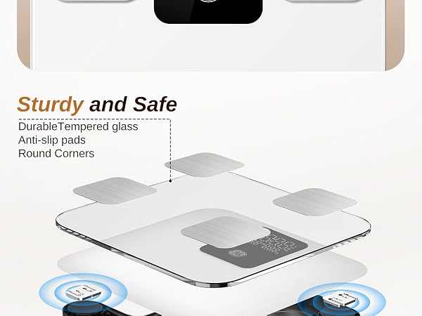 sturdy and safe bathroom digital bluetooth weigh scale tempered glass anti-slip pads