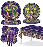 Mardi Gras Party Plates and Napkins Supplies -101Pcs-Carnival Theme Tableware with Forks &amp; Tablec...