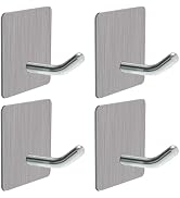 4 Pack Adhesive Hooks, 304 Stainless Steel Sticky Silver Metal Hooks, No Damage No Drilling Door ...