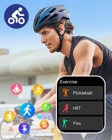 Bicycle helmet on cyclist, with exercise app interface showing activities like Pickleball, HIIT, and Fire. Colorful activity icons in foreground.