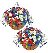 Hananona 2 Set Artificial Outdoor Flowers with Hanging Basket, 2 Hanging Planters with 24 Pcs Pat...