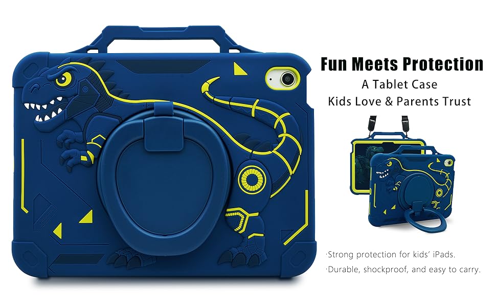 Blue dinosaur iPad case with handle and stand for boys, fits iPad 10th &amp; 11th Gen
