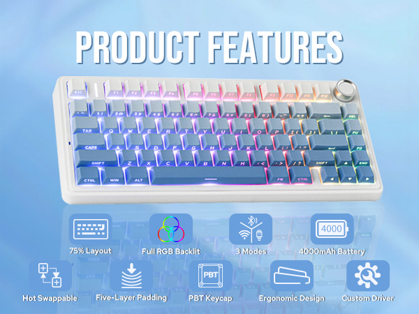 Mechanical gaming keyboard with RGB backlit keys, featuring white base and multiple function indicators shown in blue interface icons below.
