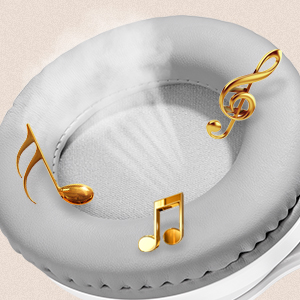 White circular ashtray decorated with golden musical note designs around the rim, featuring treble clef and musical note symbols.