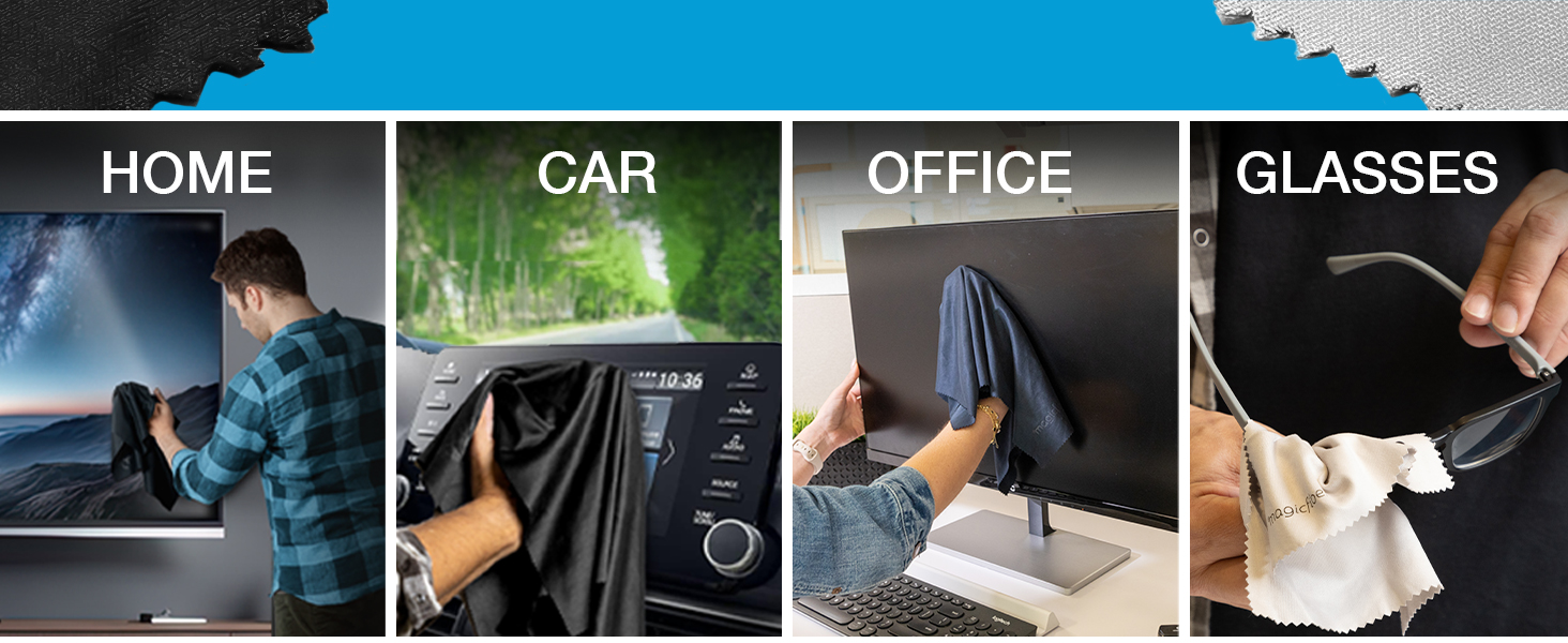 Versatile microfiber cloths for home, car, office, and glasses. XL size ensures Streak-free Clean!