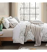 LEMIROE Vintage French Country 100% Cotton Duvet Cover Queen Size 3PC - Luxurious Dusty Green Flo...