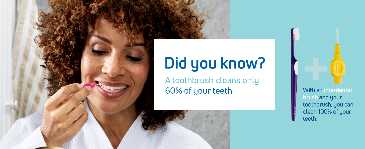 A woman using a TePe interdental brush. Text reads: A toothbrush cleans only 60 percent of teeth.