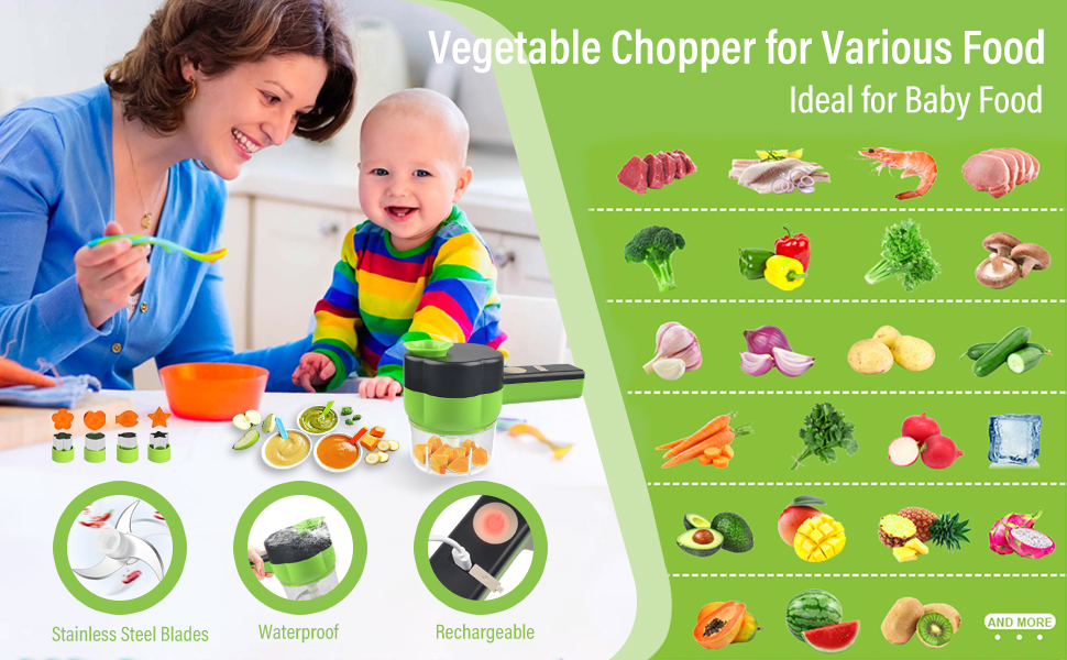 Vegetable chopper for baby food preparation. Image shows device in use and displays various food items it can process.
