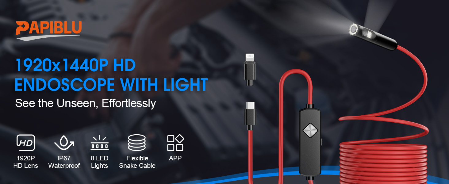Endoscope with Light, 1920P HD Borescope, IP67 Waterproof Inspection Tool 1