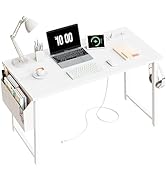 Lufeiya 39 inch White Computer Desk with Power Outlet, 40 inch Teen Study Table Home Office Work ...