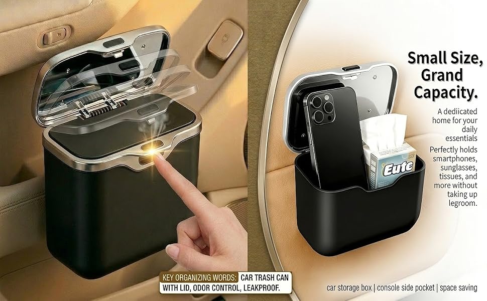 Leakproof car garbage can with push button lid for odor control.