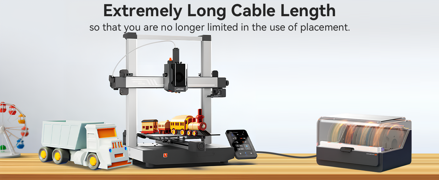 Text reads 'Extremely Long Cable Length'. Desktop setup showing 3D printer with extended cable connection and various printed objects displayed.