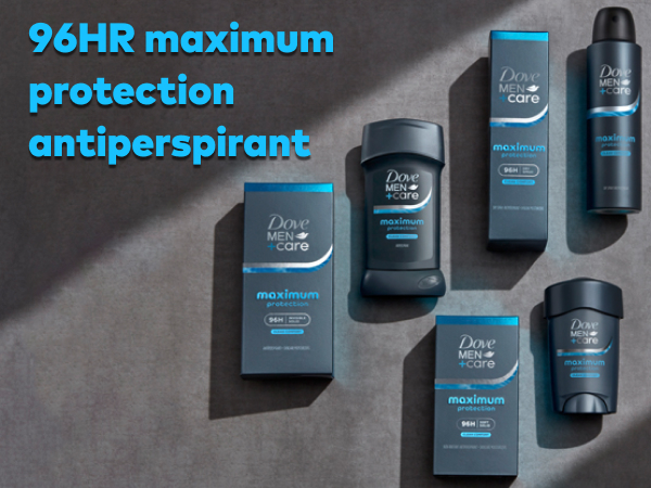 Full range of Dove Men+Care products touched by sunlight next to text about 96HR Maximum Protection