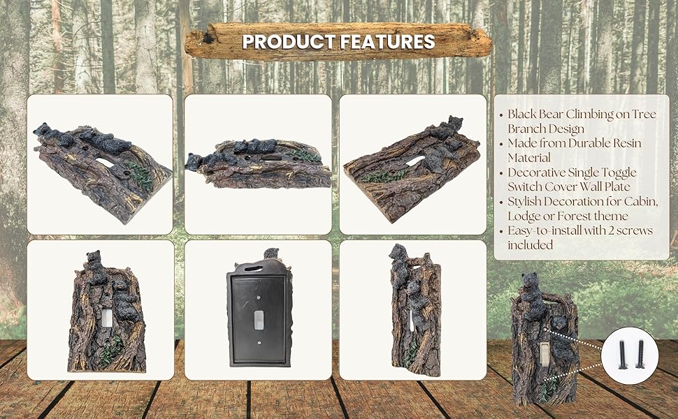 black bear on tree single toggle light switch cover plate rustic cabin lodge 1 gang wall plate