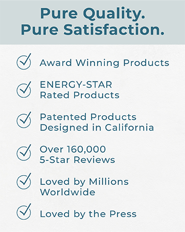 pure quality, pure satisfaction, product winners, designed in california, loved by customers, press