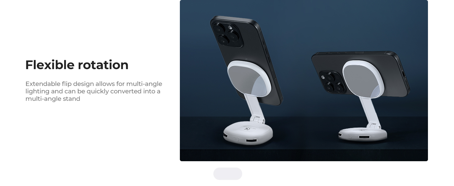 Text reads 'Bathroom Mirror' and 'Flexible rotation'. Series of product demonstration images showing adjustable mounting hardware.