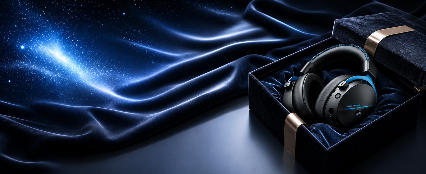 Black over-ear headphones with gold accents resting on blue glowing fiber optic or neon light display, showcasing premium audio equipment.
