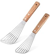 HOTEC Stainless Steel Thin Slotted Fish Turner Spatula with wooden handle