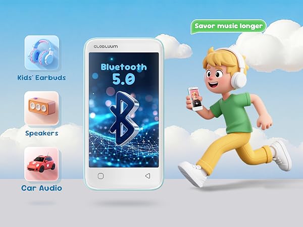 Kids’ MP3 player with Bluetooth 5.0, works with earbuds, speakers, and car audio