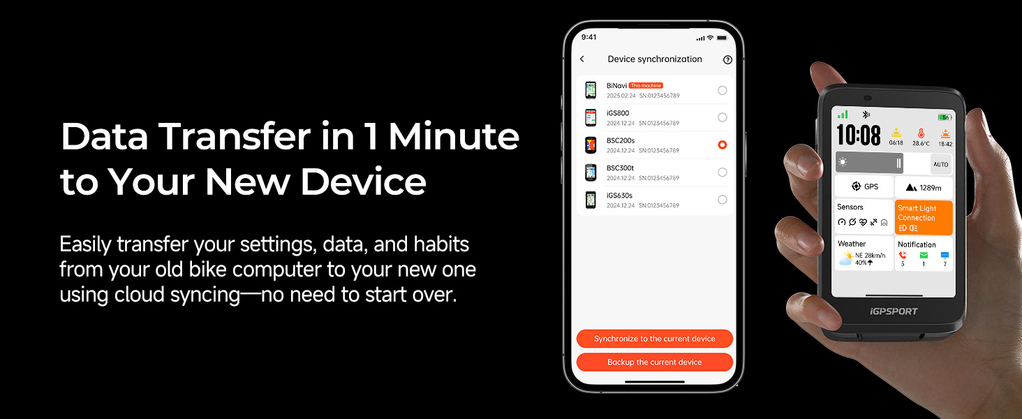 Mobile app interface showing data transfer feature, with smartphone and desktop screens displaying quick one-minute device sync process.