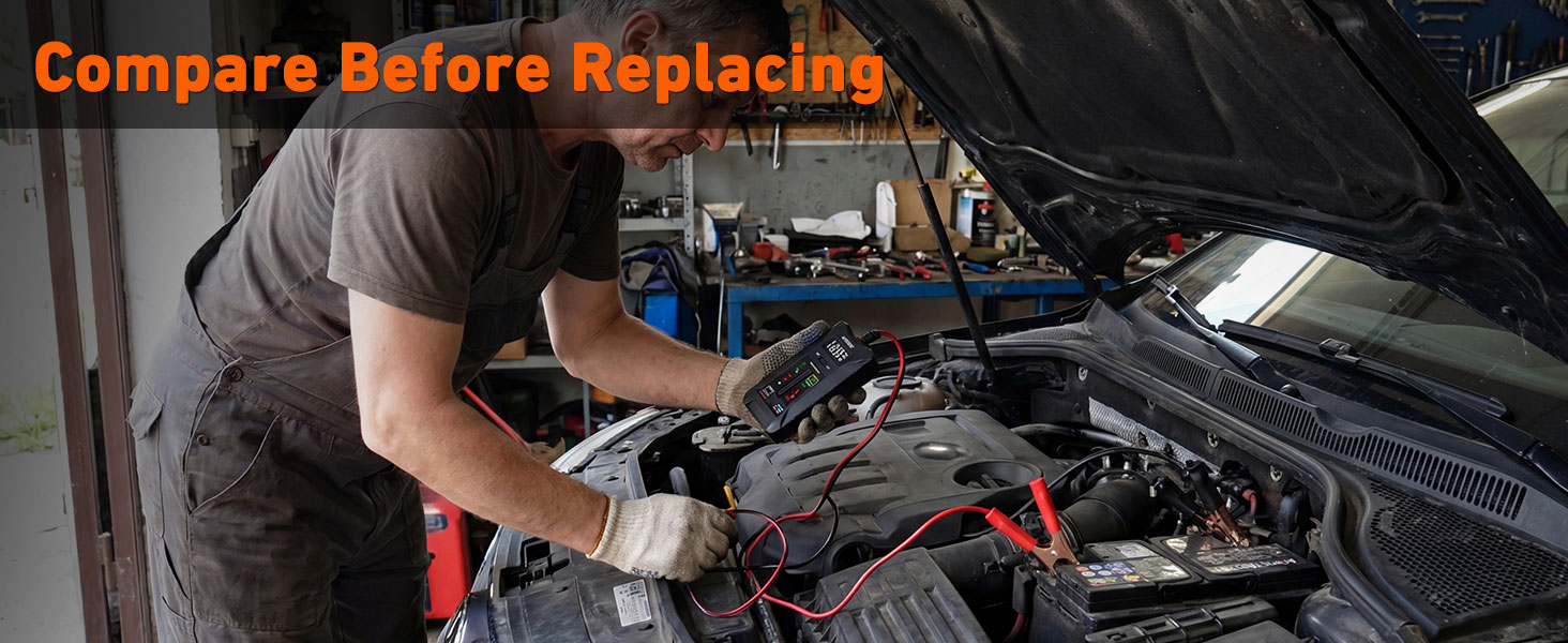 Text reads 'Compare Before Replacing'. Technician in gray shirt working on an engine with red tools, performing maintenance or diagnostic work under hood.