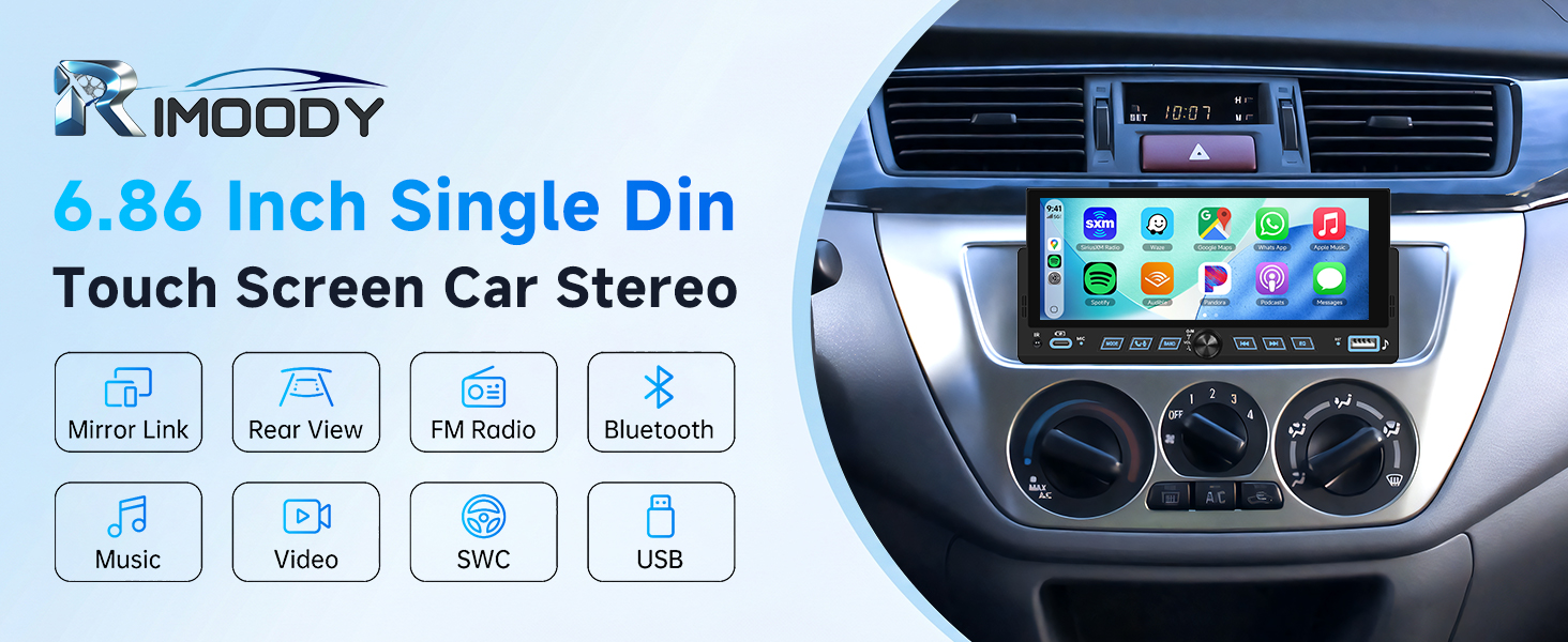 6.86 Inch single din touch screen car stereo