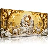 Religious Holy Family Figurine Mouse Pad, Marble-Like Nativity Scene with Golden Trees &amp; Lambs Mo...