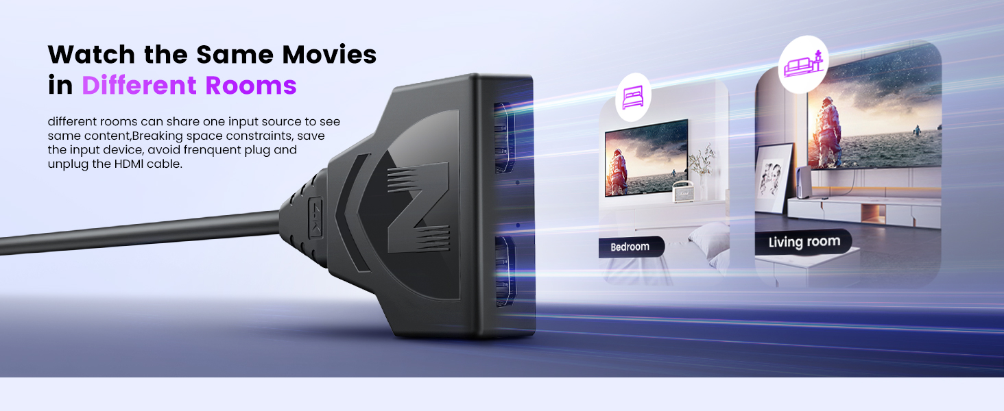 Smart TV streaming device interface showing multi-room viewing capability with connected screens in different rooms.