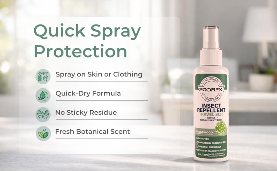 Spray bottle highlighting quick-dry formula, non-sticky feel, and easy application