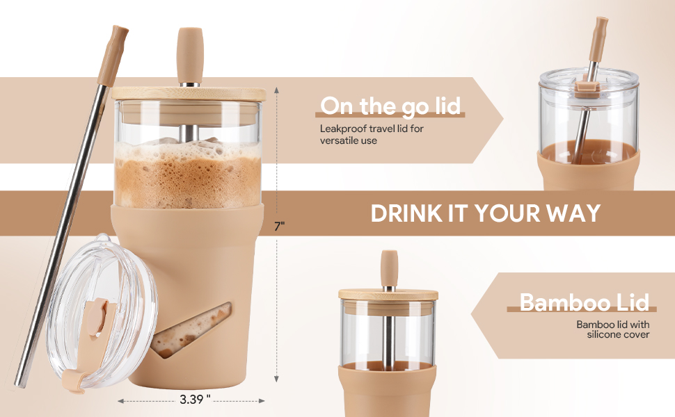 Glass Tumbler with Lids and Straws, 20 oz Iced Coffee Cup and Smoothie Cup