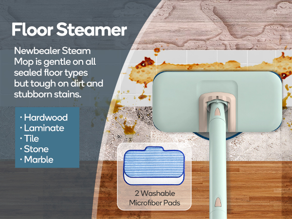 Mint green floor steam mop with washable microfiber pads, designed for multiple floor types including hardwood, laminate, tile, stone, and marble.
