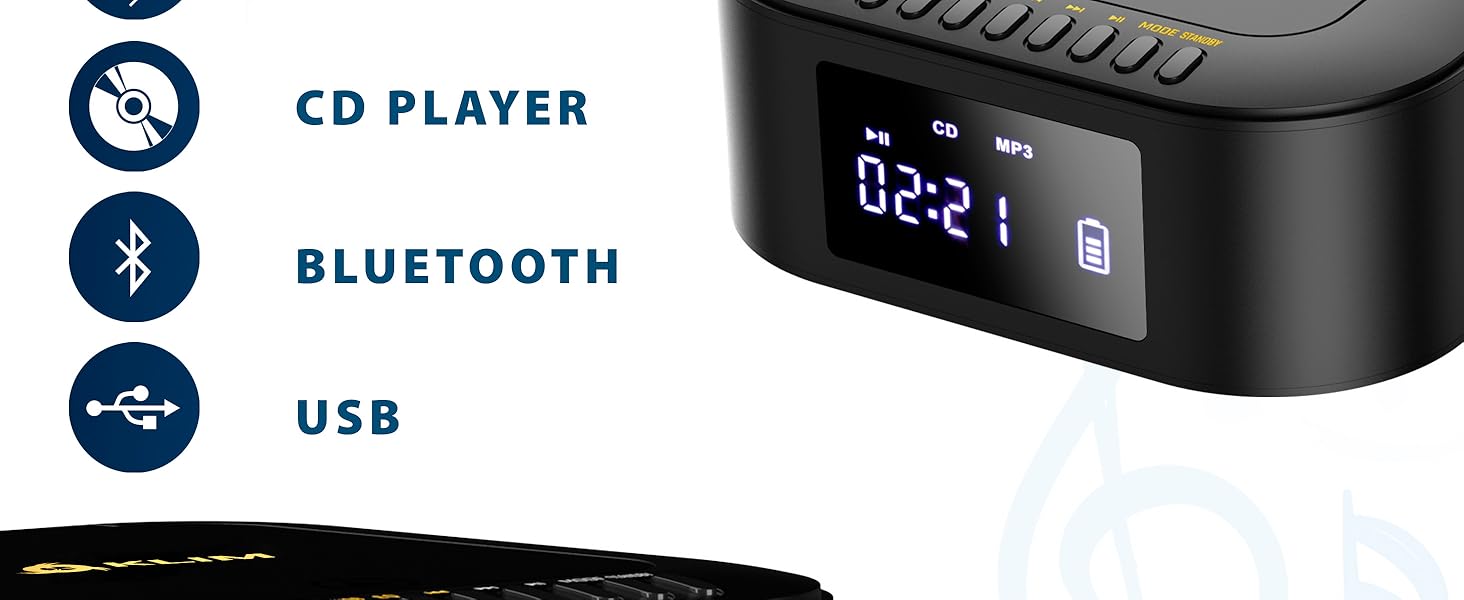 Text reads 'CD PLAYER', 'BLUETOOTH', 'USB'. Black digital alarm clock/media player with LED display showing time, featuring multiple connectivity options.