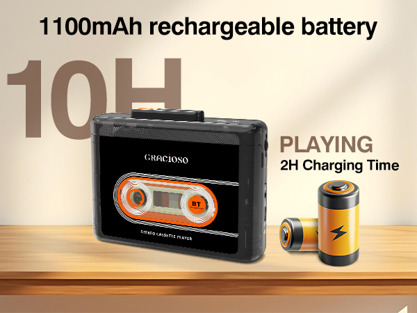 Text reads '1100mAh rechargeable battery' and '2H Charging Time'. Black portable audio device shown with cassette-style design elements.