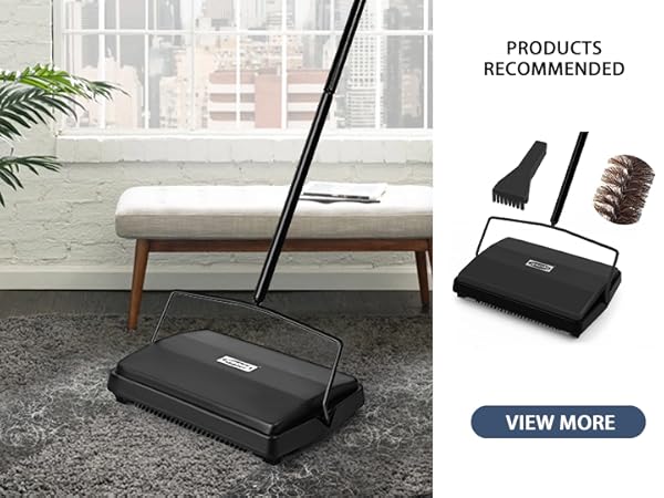 Manual carpet sweeper with long handle and black base, shown in use on hardwood floor. Additional cleaning accessories displayed in 'Recommended Products' section.