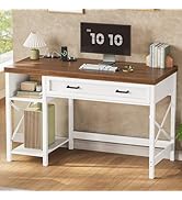 SEDETA Farmhouse Small Desk with Drawers, 40" Computer Desk with Storage Shelves, White Writing D...