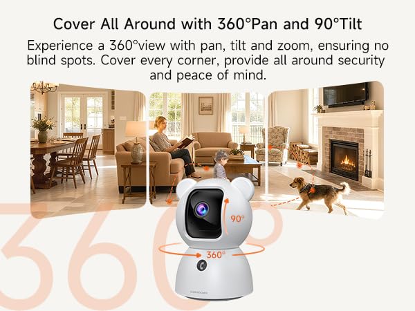 CINMOORE Security Camera with 4x Zoom, 360° Camera, Baby Monitor, Pet Camera, 360 Pan and 90 Tilt