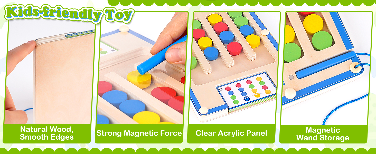 Wooden educational toy set with colorful shapes, magnetic pieces, and acrylic panel. Features natural wood base, strong magnets, and wand for manipulation.