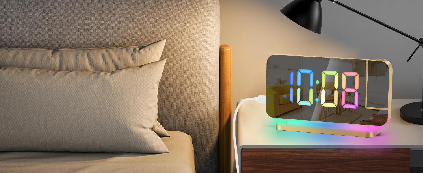 projection led mirror digital alarm clock with rgb night light