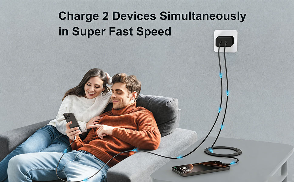 45W dual-port charger fast charges two devices in a home setting, demonstrating the user experience